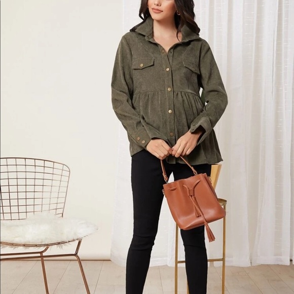 MATERNITY olive green corduroy button up shirt - Picture 3 of 3